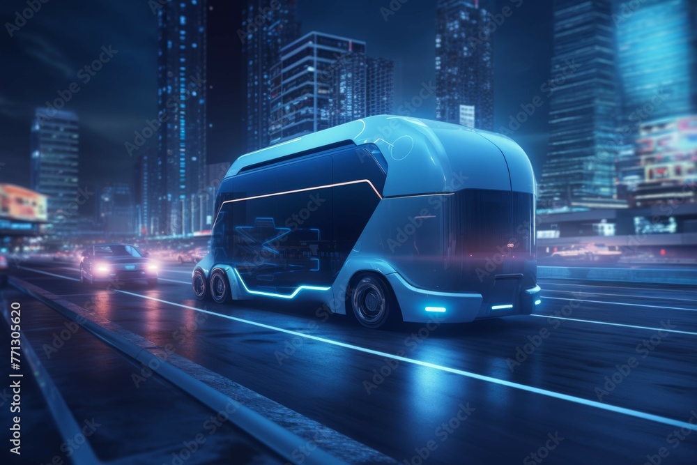 Self-driving delivery truck in city at night