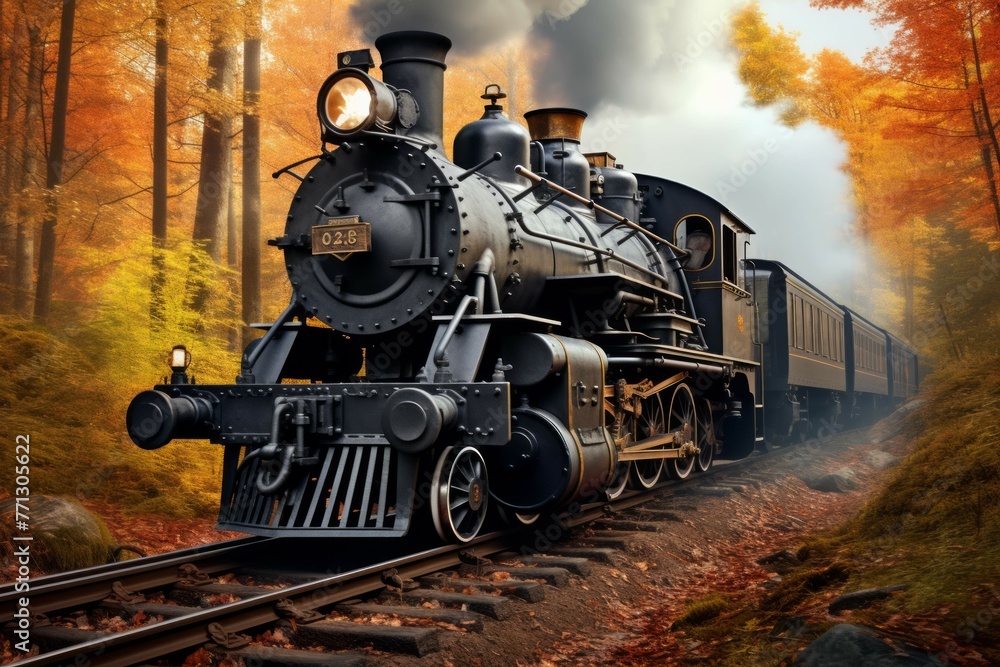 Vintage steam locomotive passing through a forest in autumn.