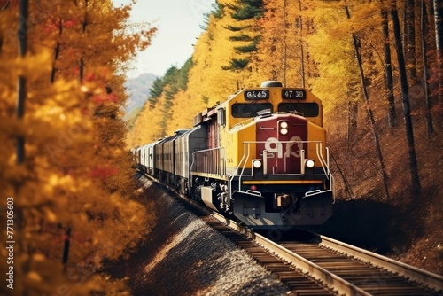 Cargo train in autumn forest