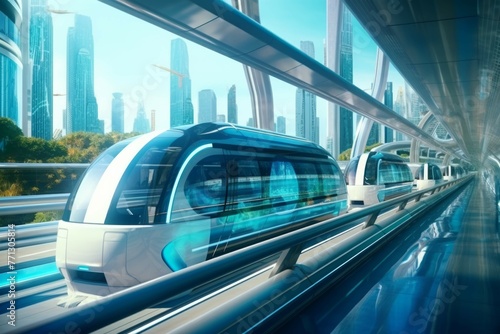 Futuristic monorail train in glass tunnel photo