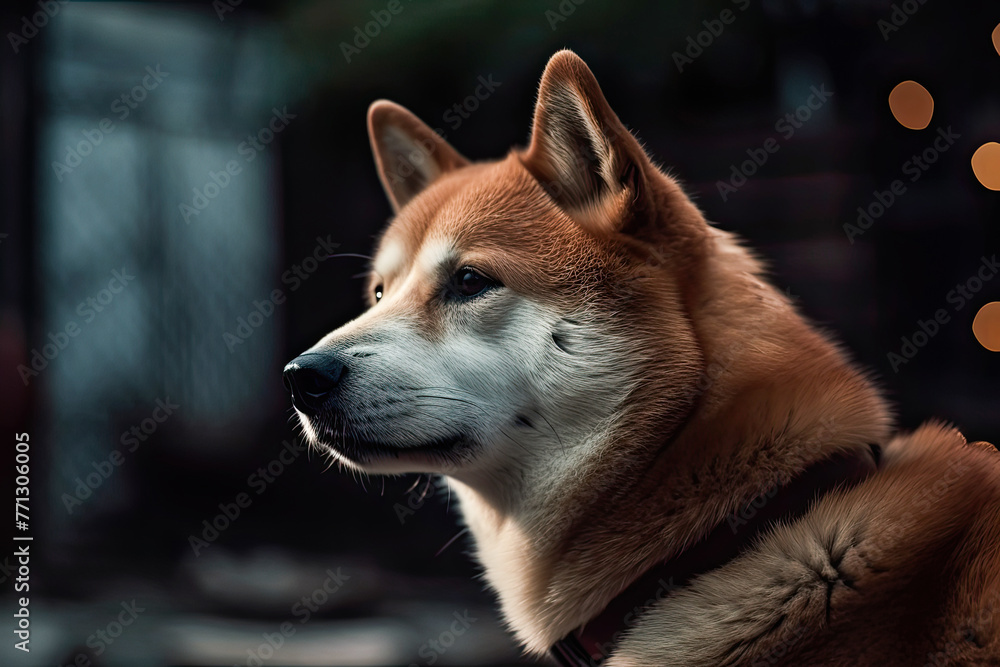 A contemplative Akita Inu dog gazes into the distance, with soft lights behind.