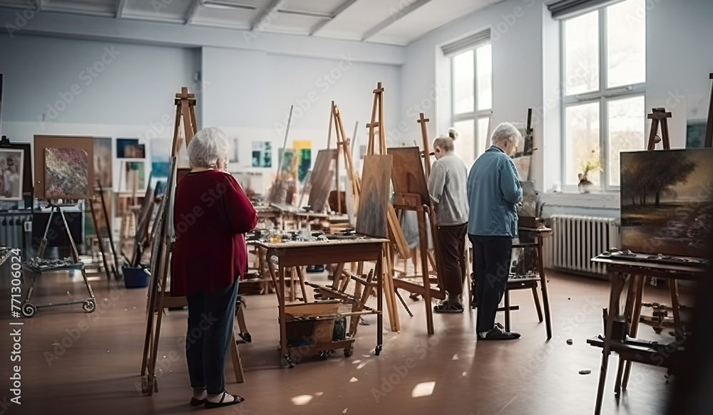 Senior Adults in Art Class Painting on Easels Senior Adults in Art Class Painting on Easels