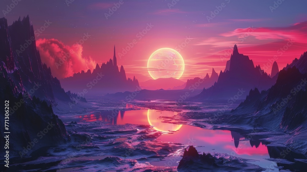 A beautiful, colorful, and surreal landscape with a large red sun in the sky. The sky is filled with clouds and the sun is reflecting on the water. The scene is peaceful and serene A beautiful, colorful, and surreal landscape with a large red sun in the sky. The sky is filled with clouds and the sun is reflecting on the water. The scene is peaceful and serene