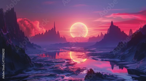 A beautiful  colorful  and surreal landscape with a large red sun in the sky. The sky is filled with clouds and the sun is reflecting on the water. The scene is peaceful and serene