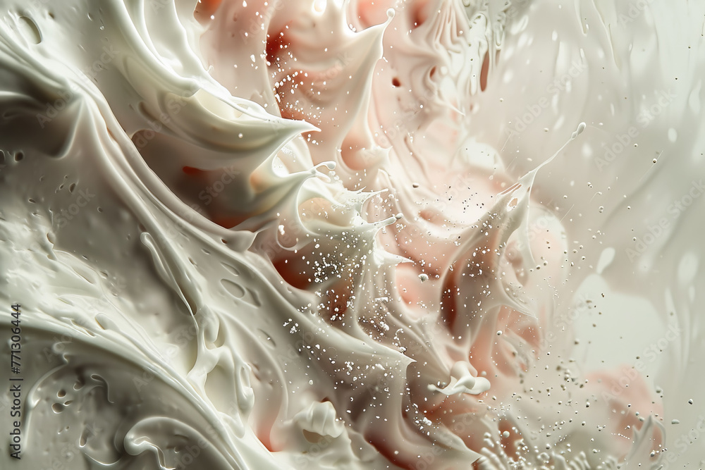 Fototapeta premium The image is a close up of a white frosting with red swirls