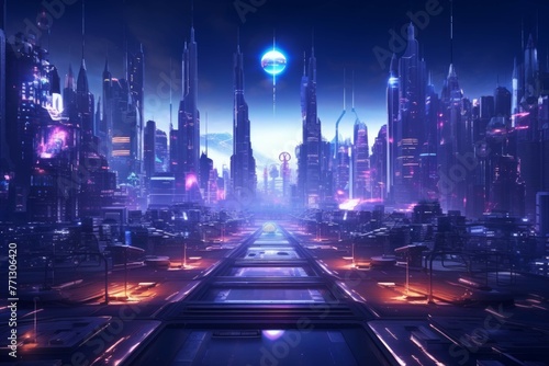 Futuristic city with neon lights and flying cars