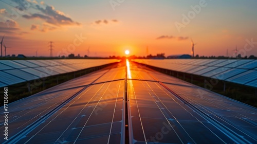 A row of solar panels with the sun setting behind them. The sun is casting a warm glow on the panels, creating a serene and peaceful atmosphere