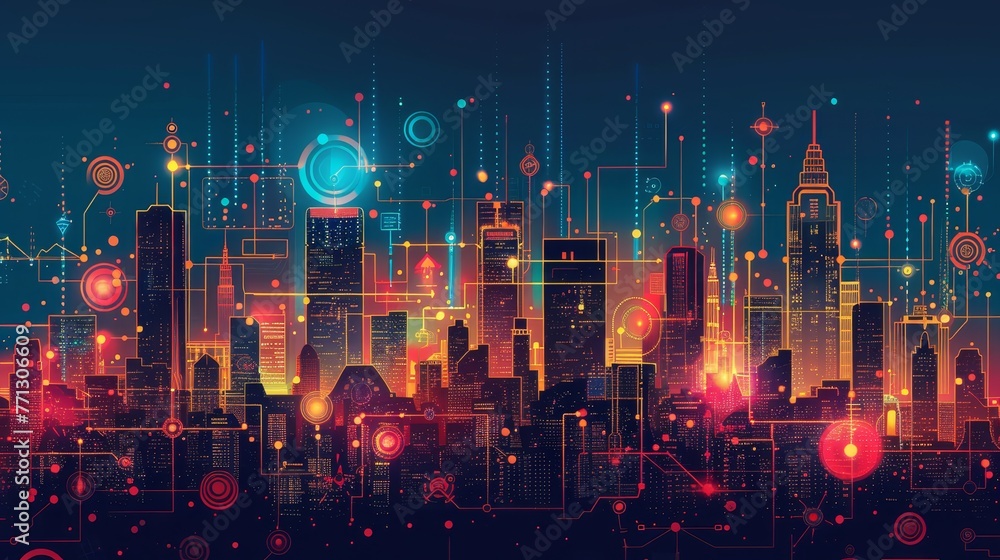 A cityscape with a glowing skyline and a glowing cityscape. The cityscape is filled with bright lights and a sense of energy