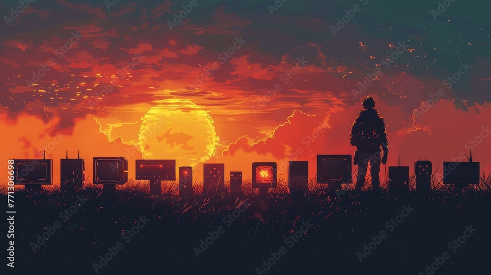 A man stands in front of a row of old televisions. The sun is setting in the background, casting a warm glow over the scene A man stands in front of a row of old televisions. The sun is setting in the background, casting a warm glow over the scene