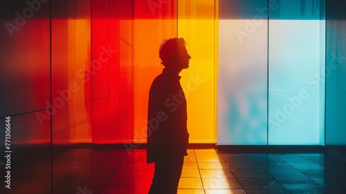 A man stands in front of a colorful wall  looking at the wall. The wall is made of glass and has a rainbow effect. The man is wearing a black jacket and he is lost in thought