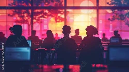 A group of people are sitting at a table in a room with a sunset in the background. Scene is peaceful and relaxed  as the people are sitting and enjoying the view