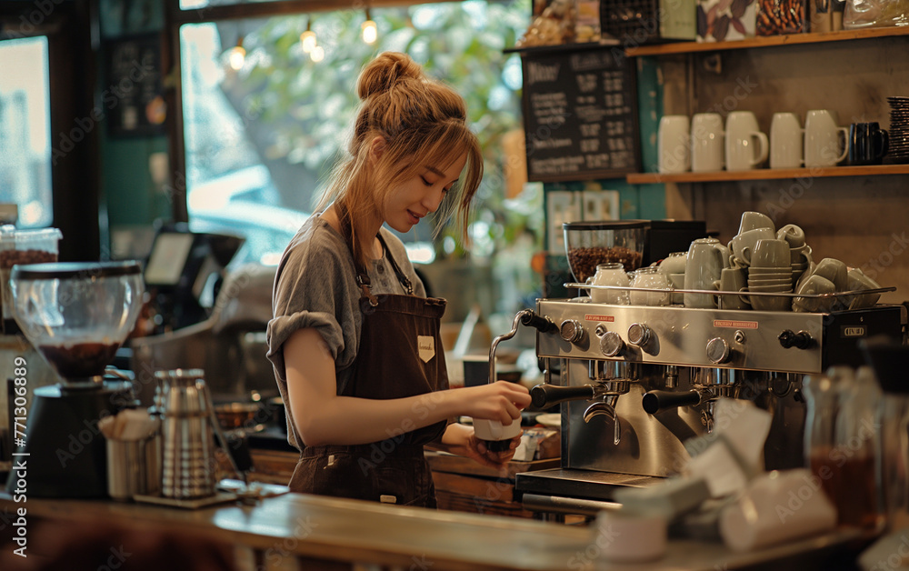 Small business managing.Young entrepreneur making coffee in coffee shop. Generative AI Small business managing.Young entrepreneur making coffee in coffee shop. Generative AI