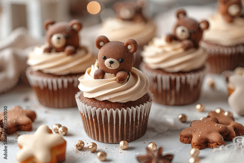 chocolate cupcakes decorated with frosting and adorned with brown teddy bear-shaped sugar chocolate cupcakes decorated with frosting and adorned with brown teddy bear-shaped sugar