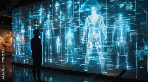 A person stands in front of a large screen displaying a variety of human figures. Concept of wonder and fascination as the viewer gazes at the intricate and detailed designs of the human forms