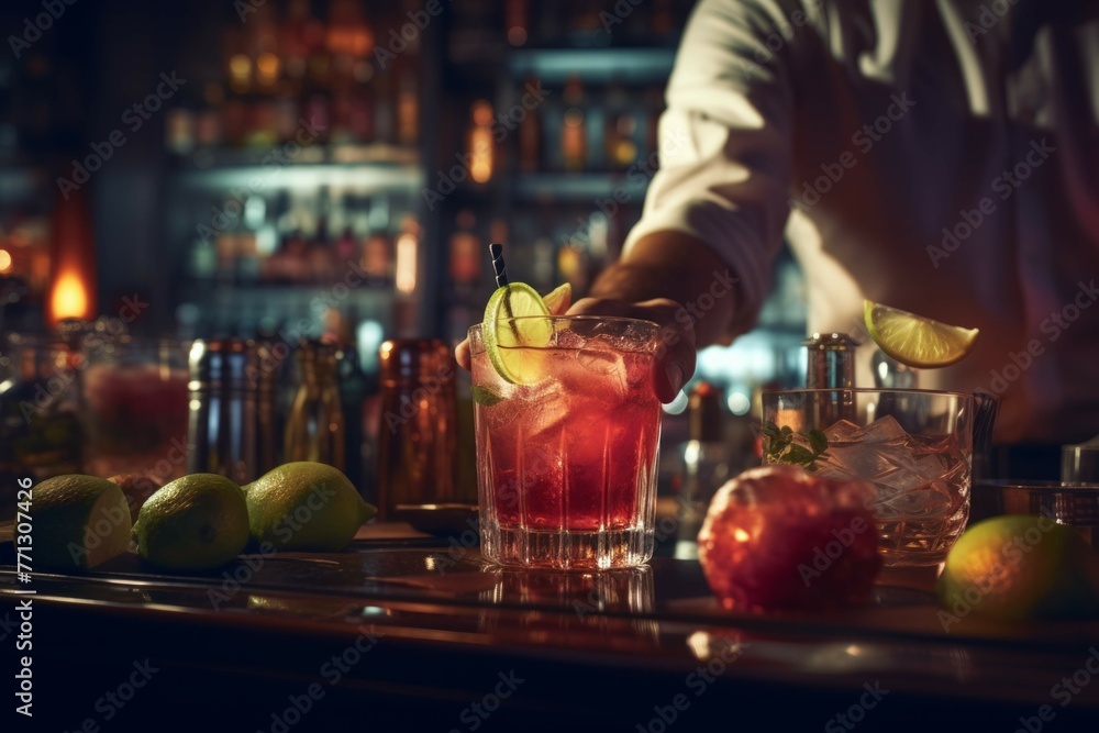 Bartender mixing cocktail in bar