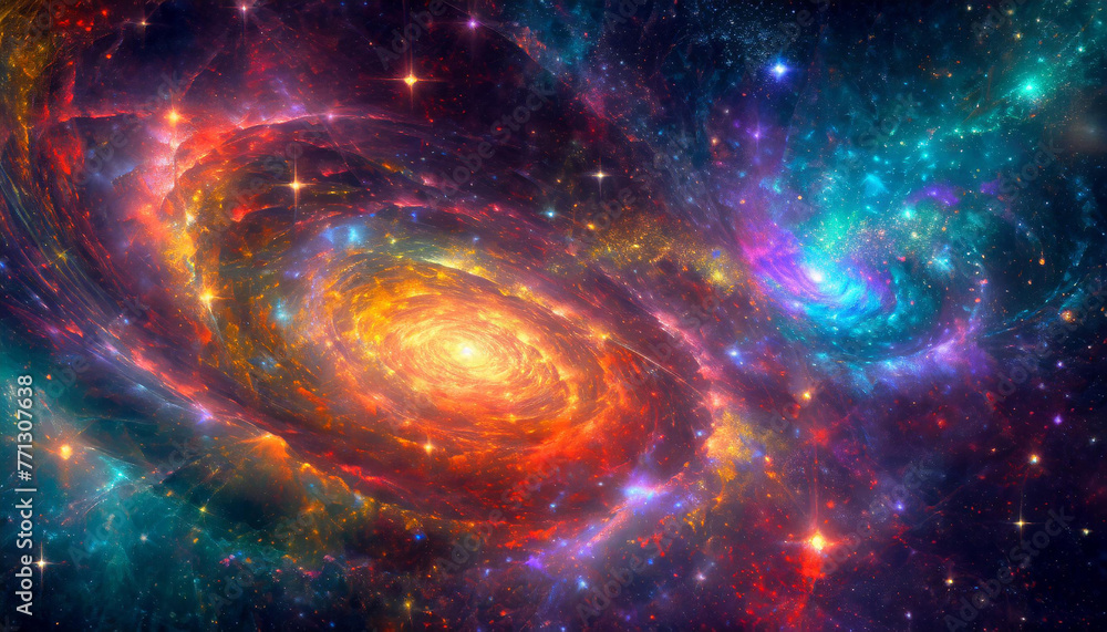 A fantastical galaxy with swirling colors, glowing stars, and cosmic dust