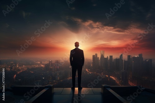 Businessman on rooftop at sunset