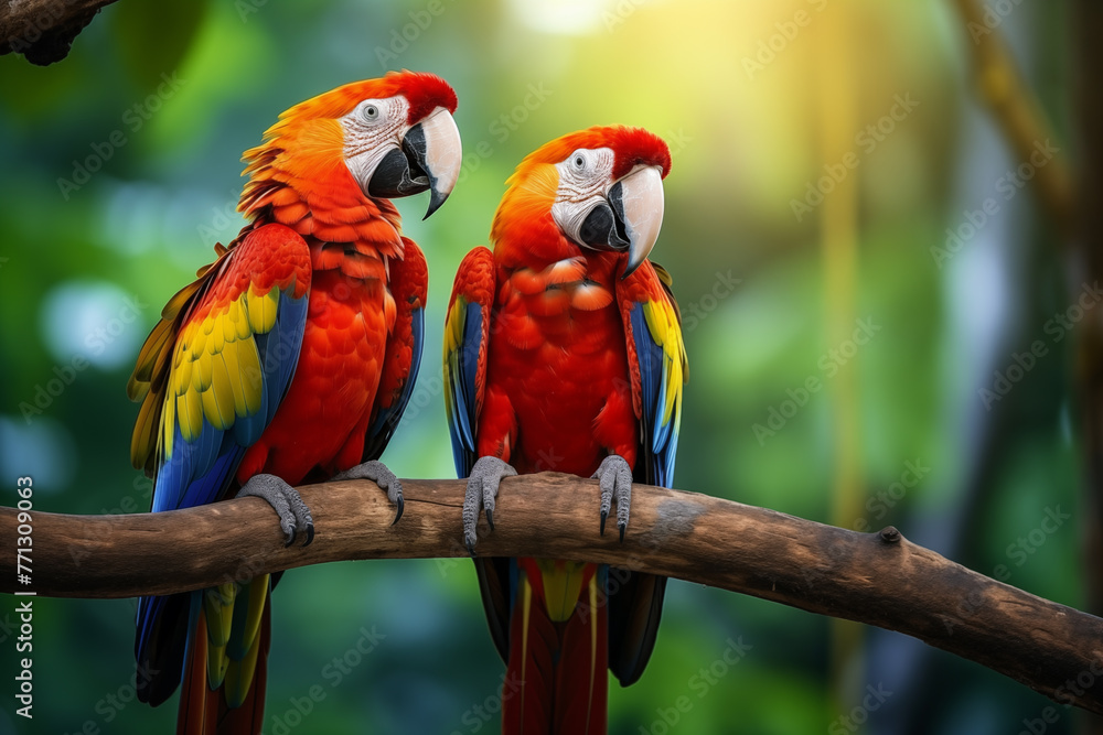 two scarlet macaws on a branch