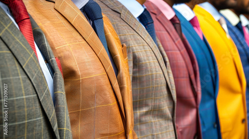 A row of neatly lined up mens suits, worn by office workers, creating a professional and organized display