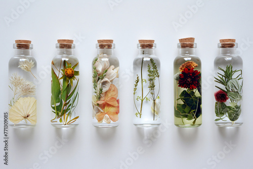 various herbal products inside bottles in a row in the  a96ea5b0-e4f4-4afa-a64b-05cdb2eb0aea photo