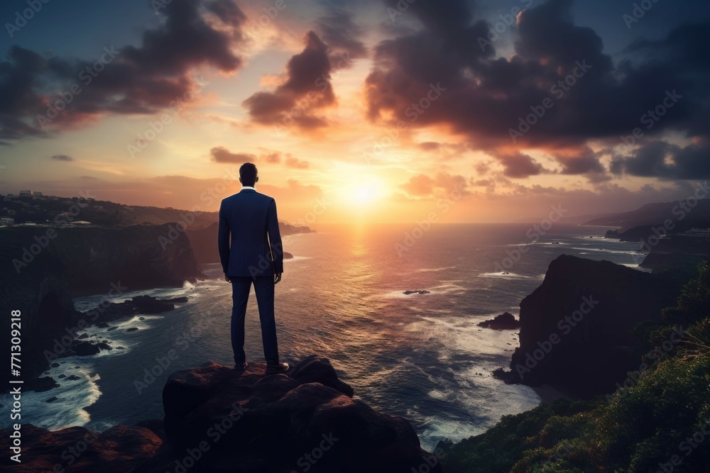 Businessman standing on cliff and watching sunset over ocean.