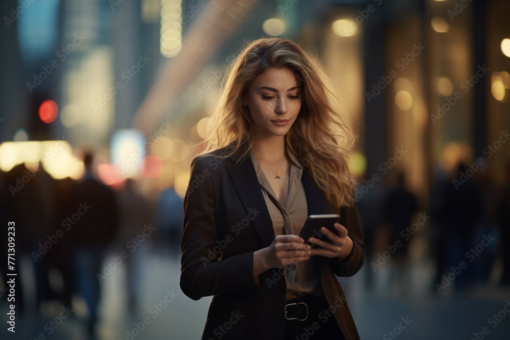 Businesswoman using smartphone while walking through busy city street.