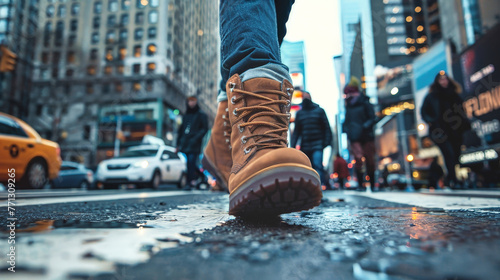A person wearing boots walks along a city street lined with buildings