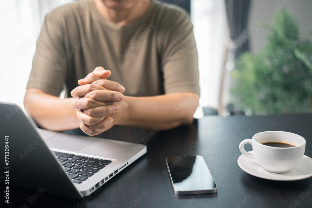 Pray Computer Christian online religion technology concept. Hands praying of ...