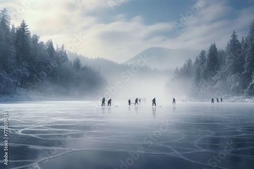 Ice hockey players skating on frozen lake