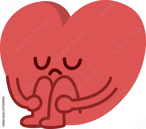 Cute Sad Heart Sitting And Hugging Knee Vector Cartoon Illustration Clipart
