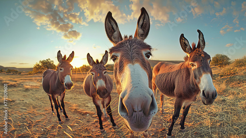 A collection of donkeys standing closely beside each other  displaying social behavior within the group