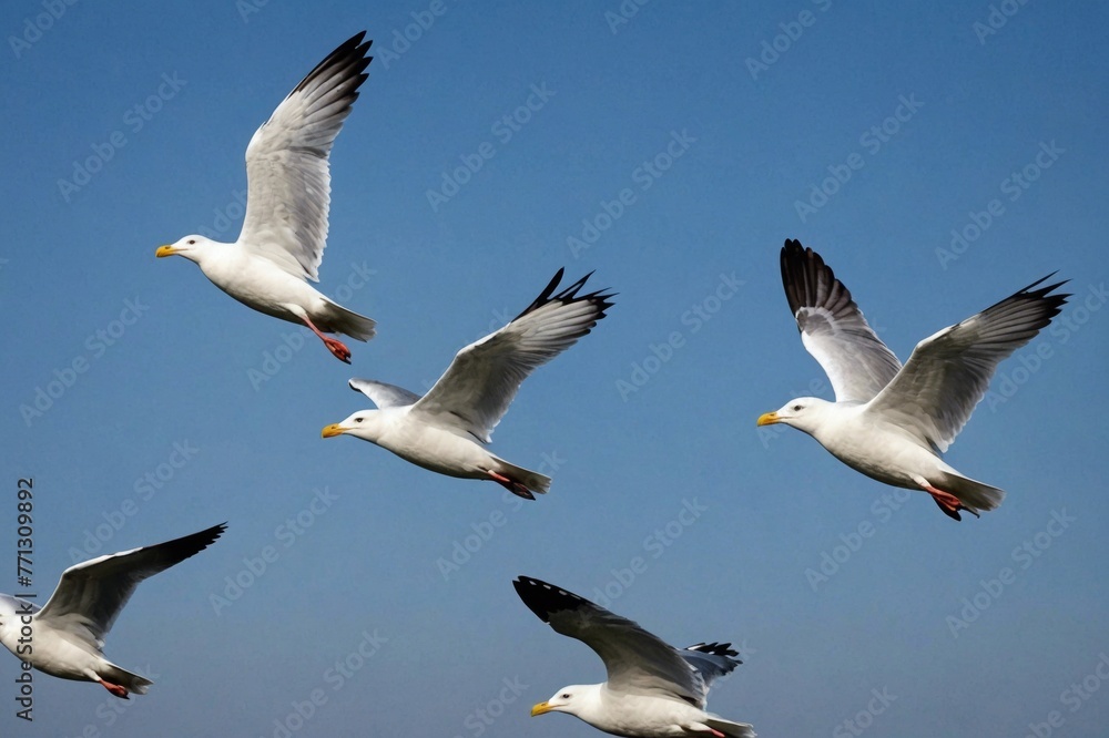 Obraz premium White gull birds fly close in a flock
