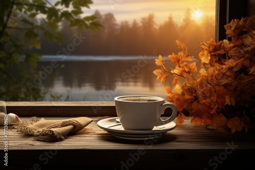 A steaming cup of coffee rests serenely on a rustic wooden table, inviting a moment of calm and contemplation. Generative AI