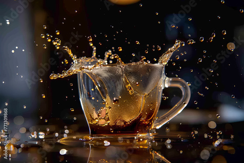 A cup of coffee is splashing water all over the table