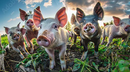 A group of pigs are standing on a lush green field