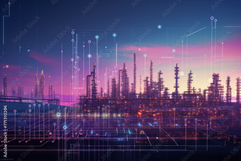 a oil refinery at sunset with data diagrams and graphs in the background
