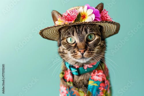 cat dressed in a Hawaii style summer outfit, wearing a hat with flowers on a pastel background, bold colors, summer vacation concept © ALL YOU NEED studio