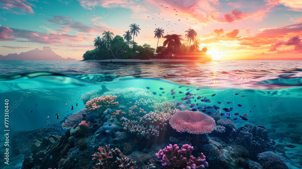 A coral reef stretches beneath the clear blue waters, with a small tropical island visible in the background A coral reef stretches beneath the clear blue waters, with a small tropical island visible in the background