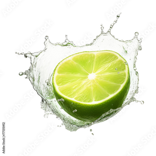 Fresh lime cut in half with water splash isolated on white background.