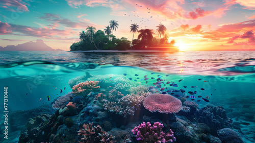 A coral reef stretches beneath the clear blue waters  with a small tropical island visible in the background