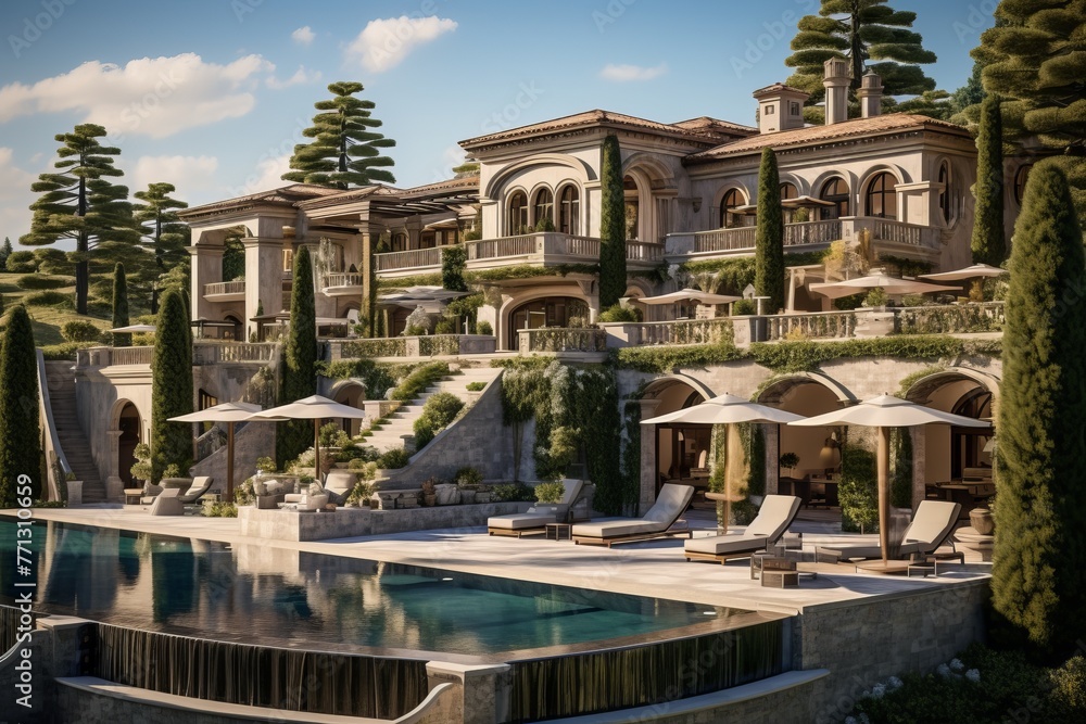 Naklejka premium A luxurious mansion with a pool and a beautiful landscape
