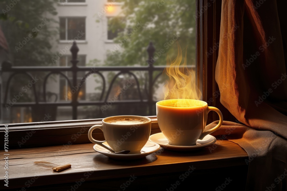 A steaming cup of coffee sits peacefully on a window sill, inviting you to savor its rich aroma while watching the rain outside. Generative AI A steaming cup of coffee sits peacefully on a window sill, inviting you to savor its rich aroma while watching the rain outside. Generative AI
