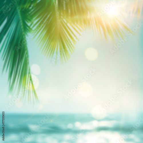 Blur beautiful natural green palm leaves on tropical beach
