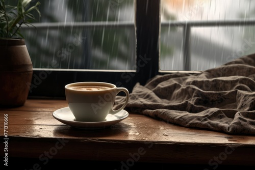 A steaming cup of coffee sits peacefully on a rustic wooden table, creating a cozy and inviting atmosphere. Generative AI