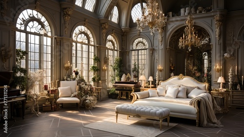 Ornate and spacious sitting room with a piano and chaise lounge © Adobe Contributor