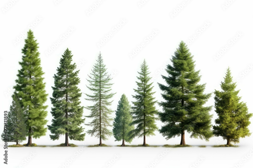 pine trees of different height on the white background