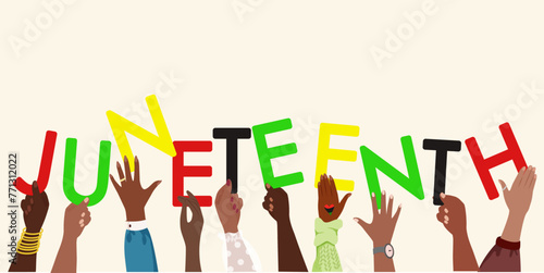 Juneteenth - Freedom Day. Dark-skinned hands holding letters Juneteenth in Pan-African flag colors. Remember our ancestors, slavery abolition. Vector banner June 19, 1865 - Freedom Day 
