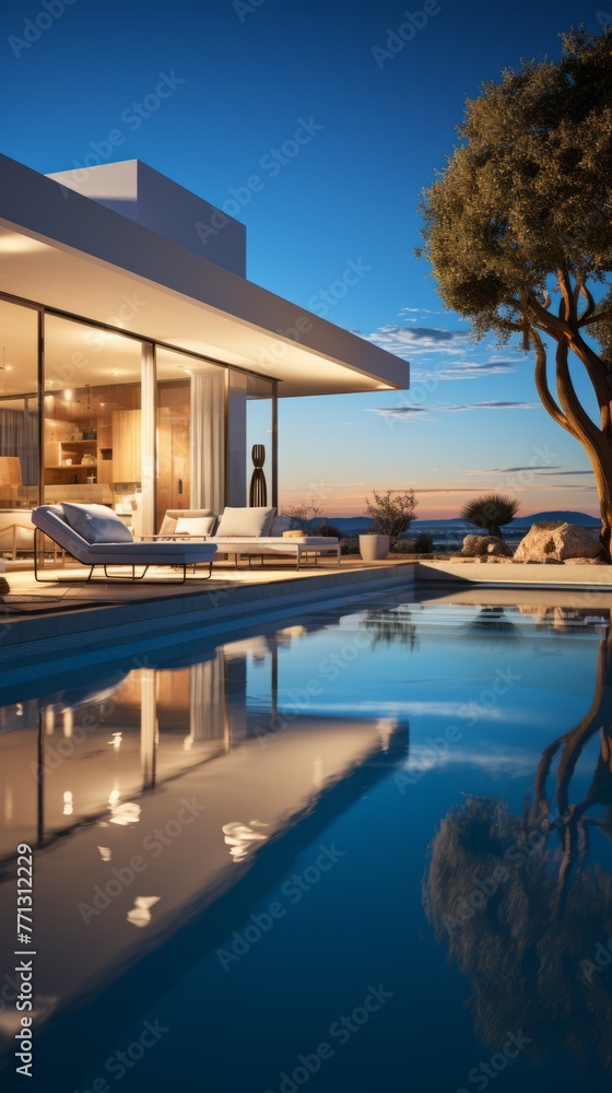 Fototapeta premium Modern minimalist villa with pool and sunset in the background