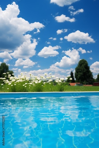 idyllic swimming pool with white flowers in the foreground and a blue sky with white clouds in the background