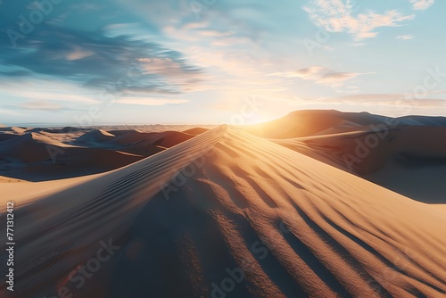 : A sandy desert with majestic sand dunes, displaying the smooth dance of wind and shadow, in a time-lapse capturing the ebb and flow of daylight